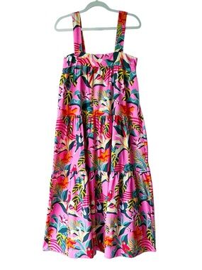 Chepè Italy Pink Tropical Parrot Print Midi Cotton Sun Dress Size M